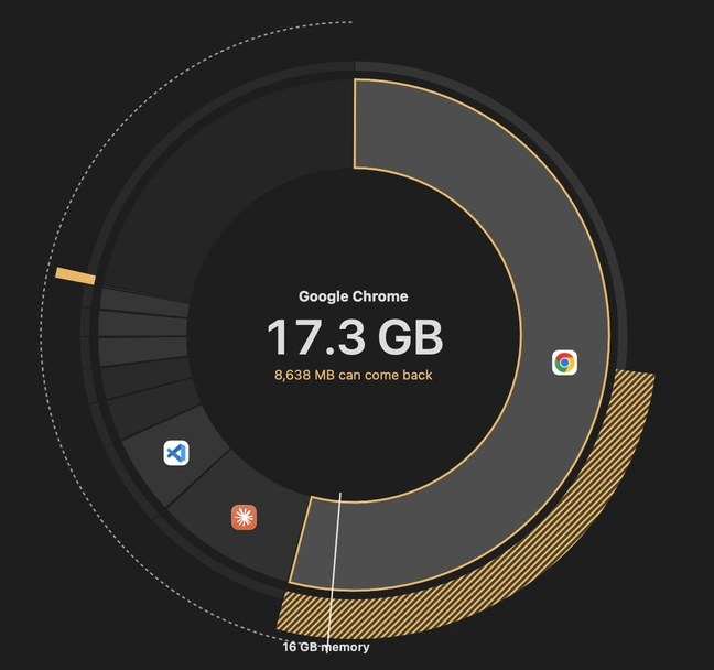 Memory ring: Google Chrome holds 17.3 GB, 8,638 MB can come back.